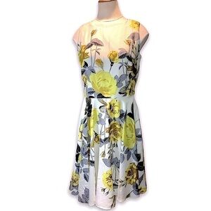 Gabby Skye Fit-N-Flare Midi Dress Off White Floral Yellow Roses 50's Style Gown
